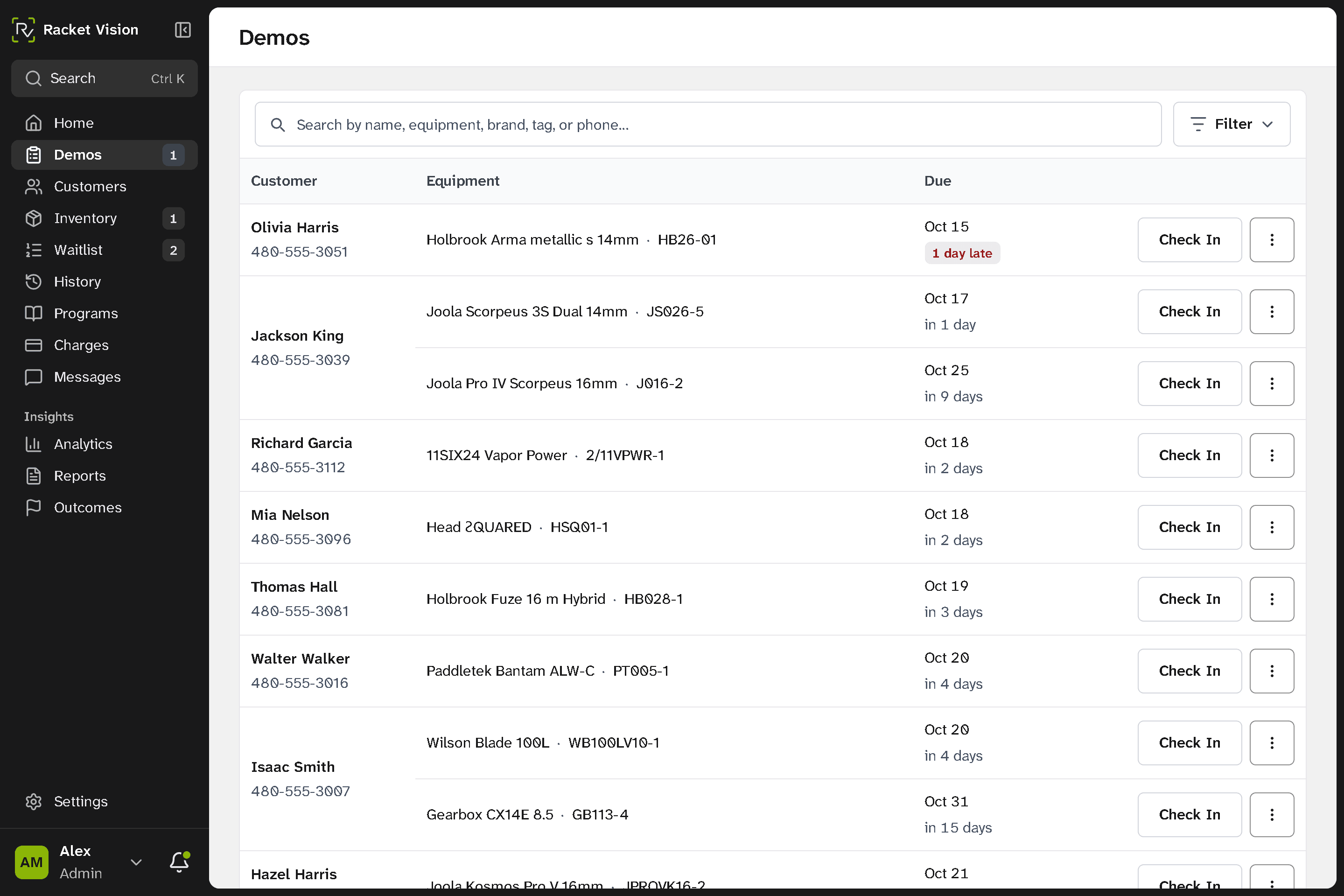 Racket Vision's Demos list: a late demo and one due today at the top, each customer's phone number under their name