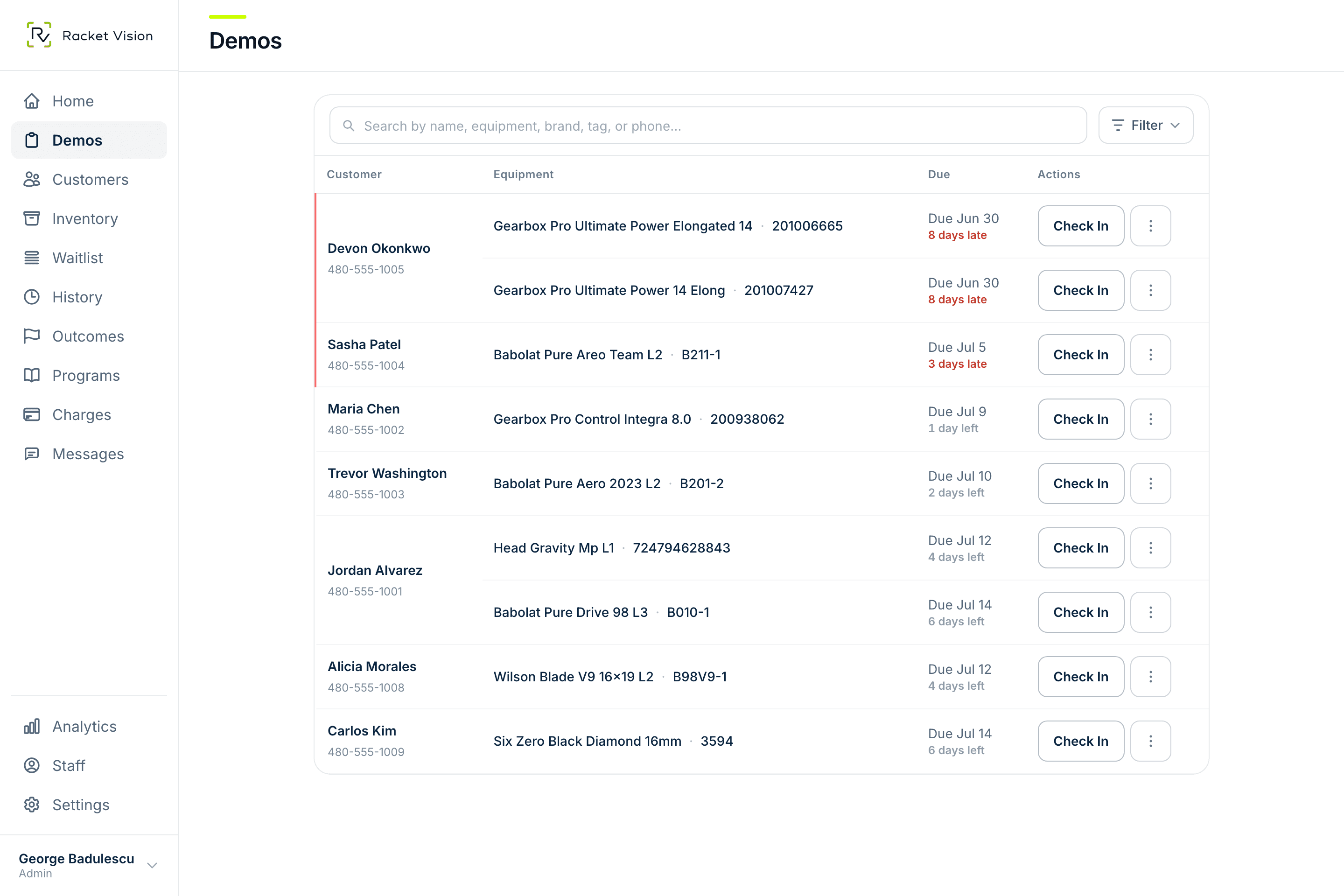 Racket Vision demos board: customers, the rackets and paddles they have checked out, and color-coded due dates flagging late and due-today returns.