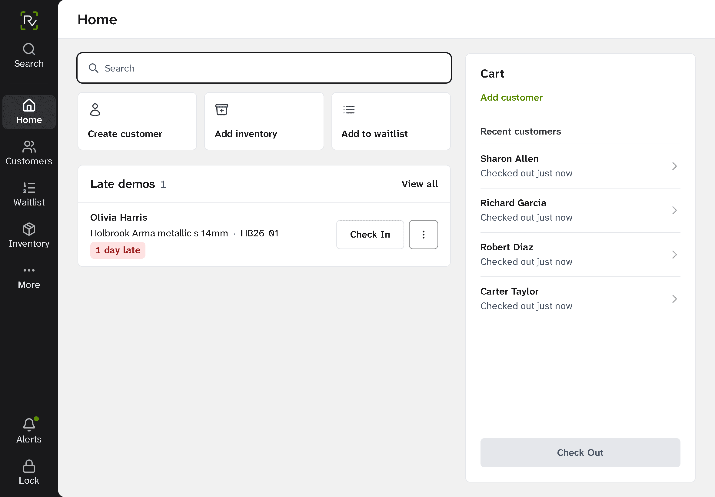 The front-desk iPad: search, shortcuts, today's late demos and the checkout cart